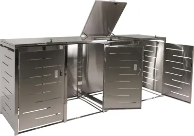 A stainless steel multi-bin trash enclosure with multiple doors.