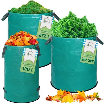 Produktbild von TTL GARDEN Gartenabfallsack Set 3 Stück 1×120L + 2×272L – selbststehend faltbar mit 4 Tragegriffen – Laubsack Grünschnittsack robust stabil PP-Material grün