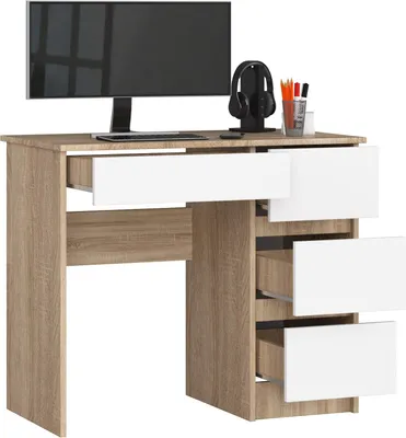Immagine prodotto di BDW scrivania per ufficio con 4 cassetti, scrivania da gioco, rovere Sonoma / bianco destro