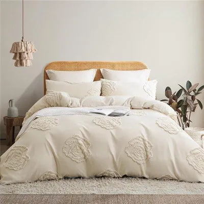 Produktbild von Bettwäsche 155 x 220 cm mit handgefertigter Stickerei, beige Bettwäsche-Set, Vintage-Stil, getufteter Boho-Bettbezug, Shabby Chic, gewaschene Mikrofaser