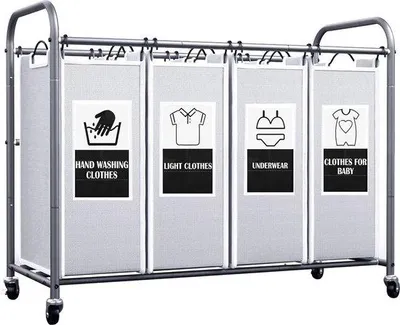 Produktbild von Unyqoos® Wäschewagen mit 4 Fächern auf Rollen – 4 herausnehmbare Stofftaschen, 6 Sortierkarten zum Wäschesortieren, Grau, ULSCM04G