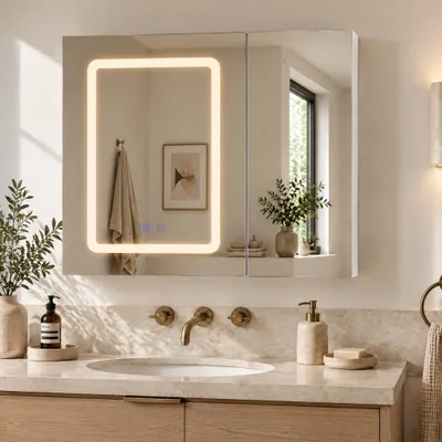 Produktbild von INONEFT Spiegelschrank Bad mit LED-Beleuchtung,Badezimmermöbel mit Verstellbare Regal und Entnebelungsfunktion,Doppelseitiger Spiegel,70x13x60cm,Weiß
