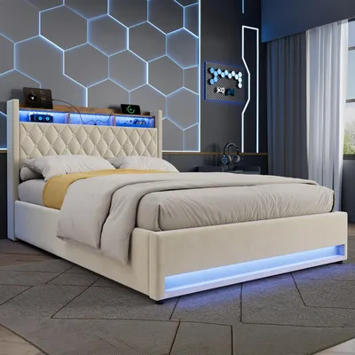 Produktbild von okwish 140×200 Polsterbett mit LED-Beleuchtung und USB, Jugendbett mit Stauraum-Kopfteil und Bettkasten, Beige,ohne Matratze