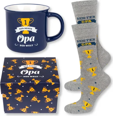 Produktbild von Set - Herren-Socken Größe 40-45 und Tasse mit dem Aufdruck „Der beste Opa der Welt“ im Geschenkbox von SOXO, Geschenk für den Opa