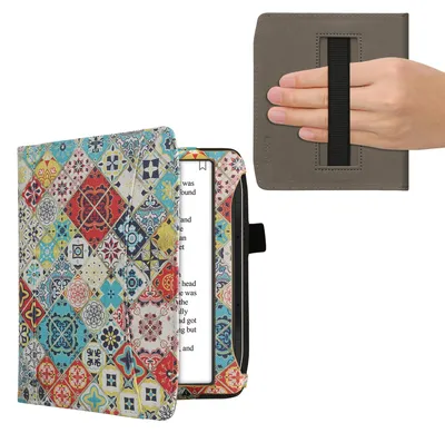 Produktbild von kwmobile Flip Hülle kompatibel mit Pocketbook Era / Era Color - Vorderfach Handschlaufe - Holz Marokkanische Fliesen Mehrfarbig Braun