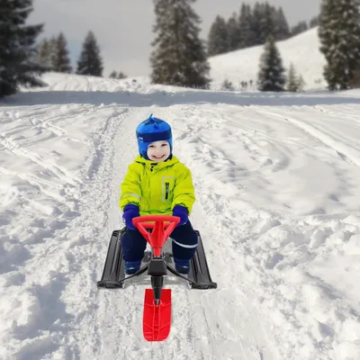 Image de Luge à direction pour enfants - Avec volant - Frein - Pédales antidérapantes - Pour s'amuser dehors en hiver - Rouge