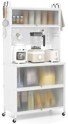 Image de FANTASK : Armoire haute de cuisine, étagère de cuisine sur roulettes, buffet avec portes rabattables