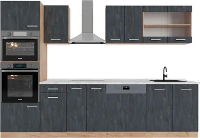 Produktbild von Küchenzeile Vicco R-Line Schwarz Beton/Goldkraft Eiche 300 cm AP Marmor, Model 47368