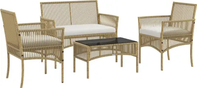 Produktbild von Outsunny Rattan-Gartenmöbel-Set, 4-teiliges Terrassenmöbel-Set mit 1 2-Sitzer-Sofa, 2 Kissensesseln und 1 Couchtisch mit Glasplatte für Terrasse, Natur und Beige