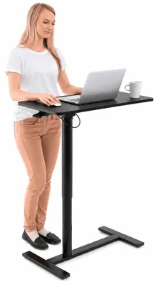 Image de Bureau d'ordinateur réglable en hauteur, pneumatique, avec roulettes, pour utilisation assise ou debout. Hauteur réglable de 73,7 à 114,3 cm