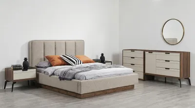 Immagine prodotto di Set per camera da letto moderno: letto, due comodini, una cassettiera, uno specchio, design in legno