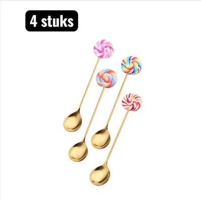 Immagine prodotto di 4 pezzi - Set di posate - Cucchiai - Cucchiai a manico lungo - Cucchiaio da impasto a forma di ciambella - Cucchiaio da caffè e forchetta da frutta Lolly - Posate creative da pasticceria - Stampi Lolly - Oro