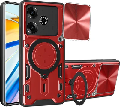 Produktbild von Handyhülle für Tecno Pova 6 Pro Dual-Layer Stoßfest Rüstung Hülle mit Dia Kameraschutz und Kreisförmig Ring Ständer Rot