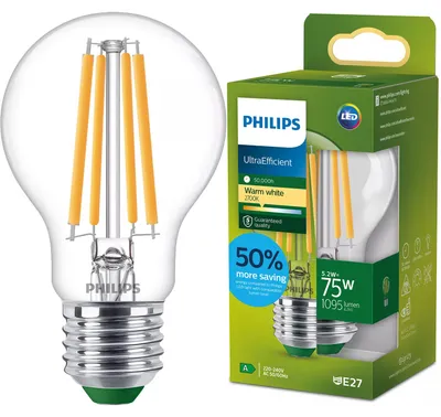 Zdjęcie produktu dla LED E27 Normalna 5,2 W (75 W) Przezroczysta 1095 lm 2700 K Klasa energetyczna A
