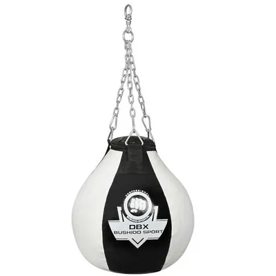 Produktbild von DBX Bushido Boxbirne Hängend mit Gummigranulat 15 kg - Boxsack Punchingball Erwachsene mit Ketten - Schwarz und Weiß Boxing Bag - Boxball - Boxing Equipment