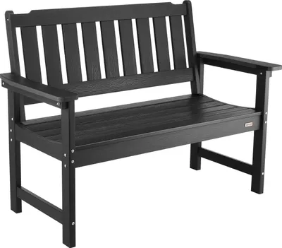 A black garden bench is shown against a white background.