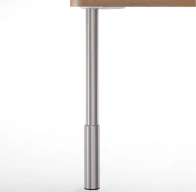 A close-up shot of a table leg with a wooden tabletop.