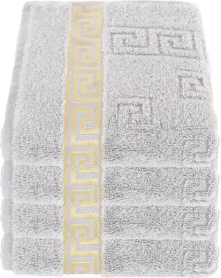 Produktbild von Luxus Medusa Handtücher 4er Set 50x90 cm - Silber / Hell Grau - feinste Ringgarn Baumwolle / Jacquard Webung / Hochflor Frottee mit Medusa Flachprägung und goldener Medusa Bordüre