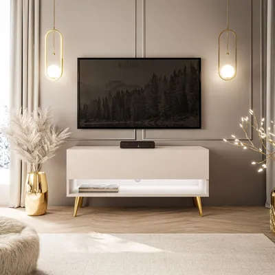 Produktbild von RTV Schrank CALANTE 90 cm auf Beinen mit LED-Beleuchtung Kaschmir schräge gold Chrom Beine
