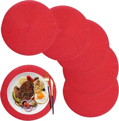 Zdjęcie produktu dla Zestaw 6 okrągłych podkładek 32 cm, pralne, odporne na ciepło, czerwone, do kuchni i restauracji