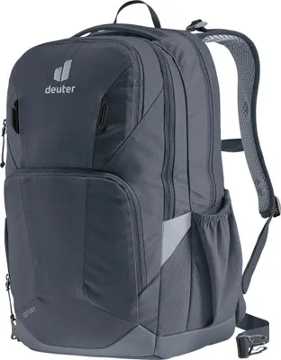 A studio shot of a gray Deuter backpack.
