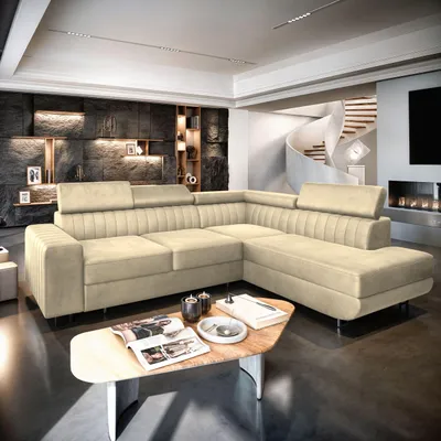 Produktbild von Masseno Ecksofa NOLA R-S mit Schlaffunktion L-Form, Sofa mit Bettkasten, Wohnzimmersofa, Couch, Soffa, Bettsofa, Couchgarnitur- Creme, MONOLITH 04