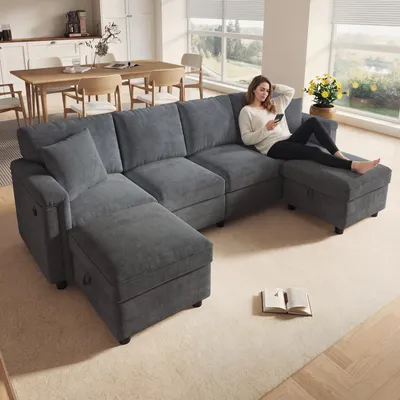 Produktbild von Modulares Sofa-Set, L-/U-Form, 2 Stauraumhocker, 2 Zierkissen, Chenille, 261x134x82cm