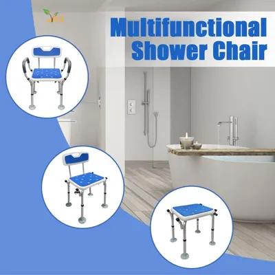 Imagen del producto de Silla de ducha con altura ajustable, reposabrazos acolchados, capacidad de carga de 150 kg, base antideslizante, ideal para personas mayores