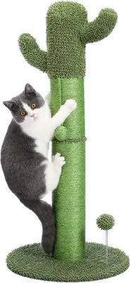 Produktbild von Unyqoos® Kaktus Katzenkratzbaum – stabiler Kratzbaum mit Sisal, Ø 9,9 cm Kratzstamm, schwere Spanplatte-Basis, Plüsch- & Federball, für große Katzen