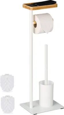 Image de Ensemble de salle de bains Relaxdays, bambou, fer, porte-papier hygiénique sur pied, brosse de toilettes avec support, blanc/naturel