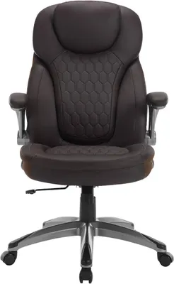 A brown office chair is shown from the front against a white background.