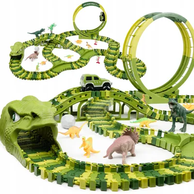 Zdjęcie produktu dla Tor wyścigowy z dinozaurami 260 elementów i autem terenowym – elastyczny tor samochodowy 2D i 3D, Dino Park, zabawka od 3 lat
