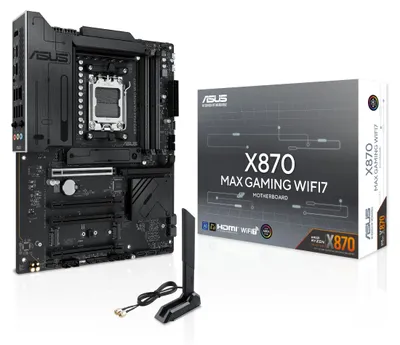 Produktbild von ASUS X870 MAX GAMING WIFI7, AMD, Sockel AM5, AMD Ryzen 7000 Series, AMD Ryzen 8000 Series, AMD Ryzen 9000 Series, DDR5-SDRAM, 256 GB, DIMM