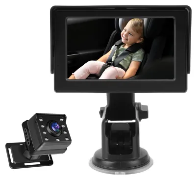 Zdjęcie produktu dla Kamera samochodowa do monitorowania niemowląt z monitorem 4,3", kamera tylna 1080p z funkcją widzenia w nocy, obrót o 360°, szeroki kąt widzenia, złącze USB – przeznaczona dla noworodków