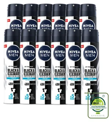 Obrázok produktu pre 12 kusov deodorantu NIVEA MEN Black & White Invisible Fresh vo forme spreju, objem 150 ml - veľké balenie