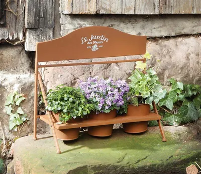 Image de 3x pot de fleurs "Fleurs" + support en métal aspect rouille, set de pots de fleurs, pot de plantes, décoration de jardin pour l'extérieur