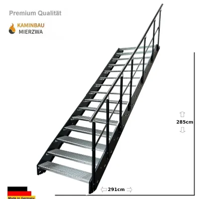 Obrázok produktu pre Stringerové schodisko Oceľové schodisko Mriežkované stupne 15 stupňov Pozinkované so zábradlím Pravé a stringerové schodisko v antracitovej farbe RAL 7016 (Š x V x H) 120 x 285 x 291 cm