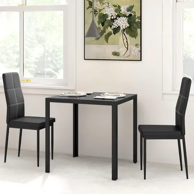 Produktbild von SUGIFT Essgruppe 3-teilig Glas, Esstisch mit 2 Hochlehner-Stühlen, Glasplatte gehärtet Stahlrahmen, Schwarz | 75x75x75 cm | 2 Personen | platzsparend