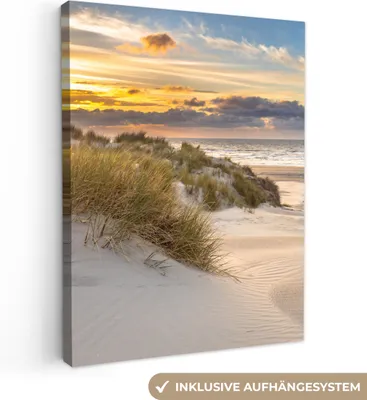 Produktbild von MuchoWow® - Leinwandbilder - Strand - Düne - Gras - Sonnenuntergang - Meer, Wandbild, Wanddeko Bilder Wohnzimmer, 30x40 cm