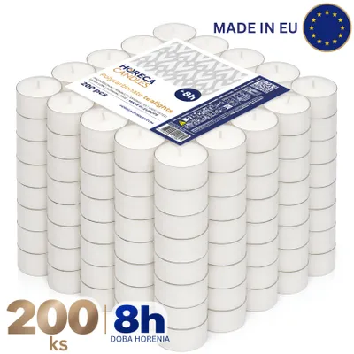 Obrázok produktu pre HORECA CANDLES Čajové sviečky 200 ks, 8 hodín horenia, biele, bez vône, priehľadný plastový obal – sviečky na svadbu, oslavy a dekorácie