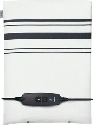 A white heating pad with dark stripes and a black control unit.