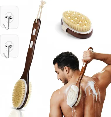 Produktbild von Set aus 2 Rückenbürsten mit langem Griff, Körperbürste mit natürlichen Borsten, doppelseitige Bürste für Bad und Dusche, geeignet zur Entfernung abgestorbener Hautzellen
