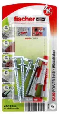 Produktbild von Dübel DUOPOWER 8X40 WH K DE (hellgrau/rot, 4 Stück, mit Winkelhaken)