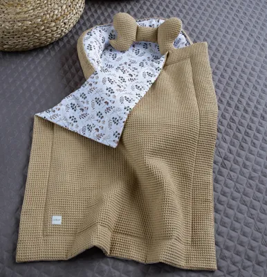Produktbild von Taupe WAFFELPIQUE/ BLUMEN Braun Babynestchen Unterlage 3Tlg SET Babynest Wicleklunterlage Reisebett Babydecke Babyausstattung 2 Seitig PREMIUM