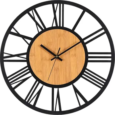 A close-up studio shot of a wall clock with a wooden face and black Roman numerals.
