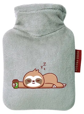 Produktbild von Huuraa Mini-Wärmflasche schlafendes Faultier Comic 0,2 Liter Grey Mini Veloursbezug Taschenwärmer Geschenkidee