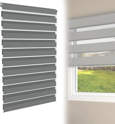 A close-up view of a gray zebra roller blind, with a second, partially transparent view of the blind installed on a window overlooking a grassy yard.