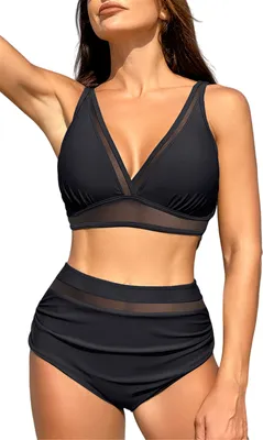 Produktbild von ASKSA Damen Bikini Set Push Up Bauchweg Badeanzug y V Ausschnitt Zweiteiliger Bademode Swimsuit, Schwarz, Groesse: M