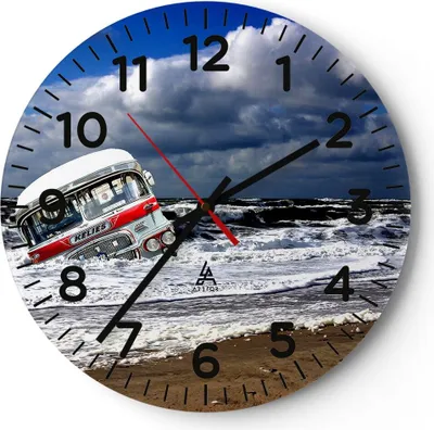 Produktbild von Wanduhr - Rund - Glasuhr - Ozean Landschaft Auto - 40x40cm - Schleichendes Uhrwerk - Lautlos - zum Aufhängen bereit - Dekoration Modern - Wanddekoration aus Glas - C4AR40x40-0228