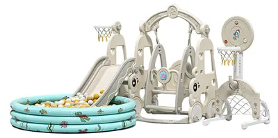 Obrázek produktu pro Moni, dětské multifunkční hřiště 6v1: houpačka, basketbalový koš, fotbalové hřiště, bazén, hudební prvky, šedá barva